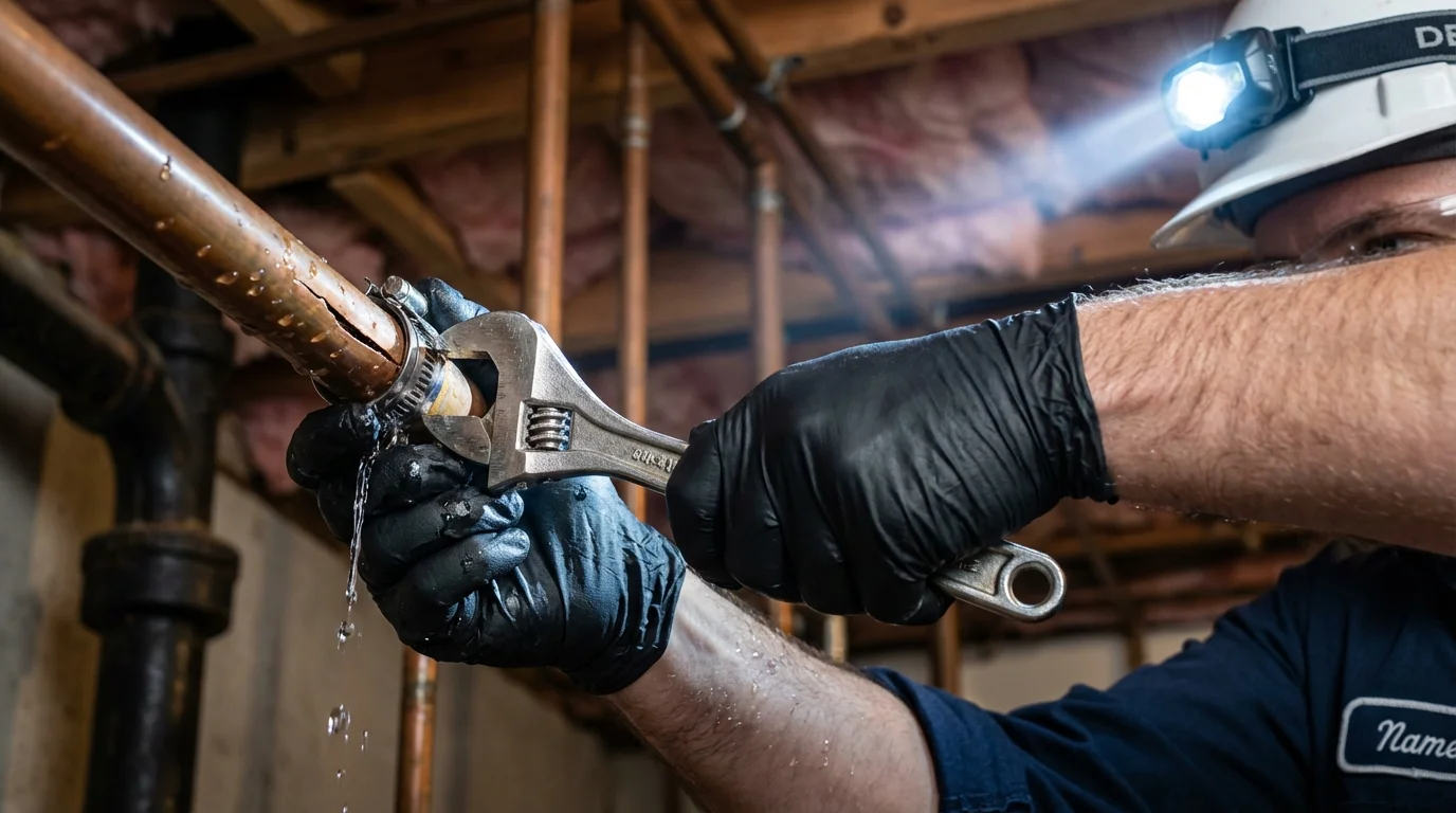Emergency pipe clamp repair being performed by a Johns Plumbing LLC plumber in Exton